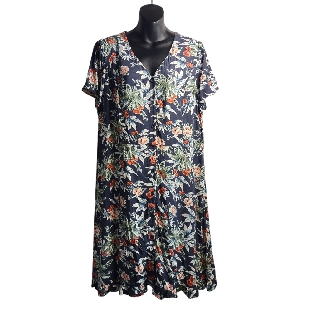 Christopher & Banks Women's Multicolor Floral Ruffle Hem Dress V-Neck Button 14